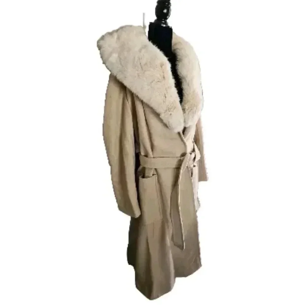 Youthcraft Women's Vintage Oatmeal Wool Princess Coat with Rabbit Fur Collar M